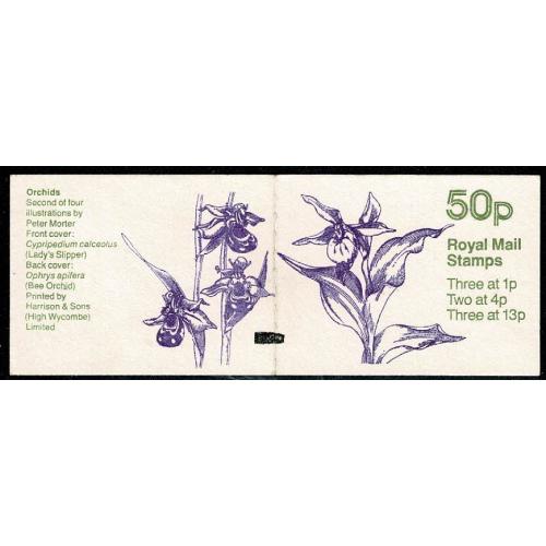 50p Orchids Mo.2 Cypripedium. Black Marker Bar on cover. Pane DP70
