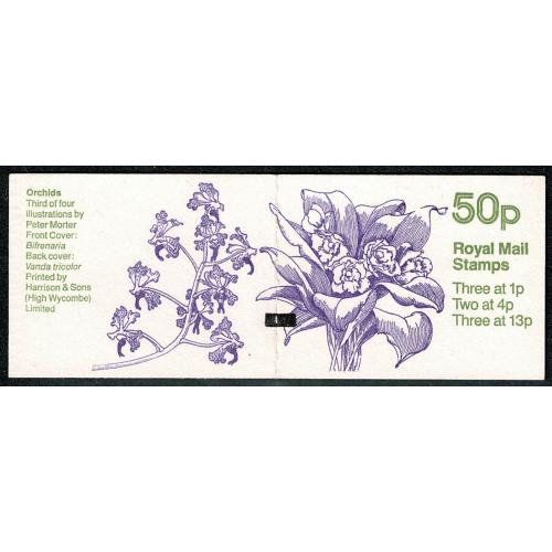 50p Orchids No.3 Bifreneria. Cyl. B27 B6 B8 p57  upper (state 2). DP70.  SG FB29. Book Marker Bar on cover.