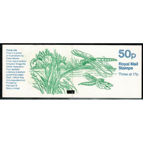 50p Pond Life No.1 Dragonfly. Cyl. B25 p67. Black Marker Bar on Cover.