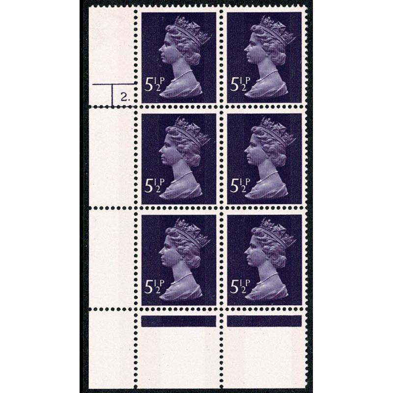 5½p deep violet FCP/PVAD 2B. Cyl 2 dot p17 Perf R. Cyl. block of six.