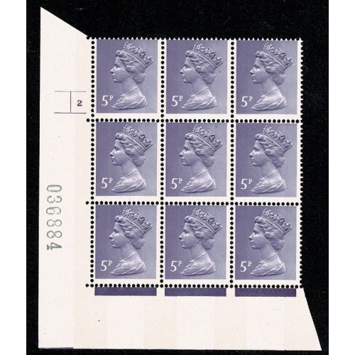 5p lilac OCP/PVA 2B. Cyl. 2 no dot p4 block of nine.