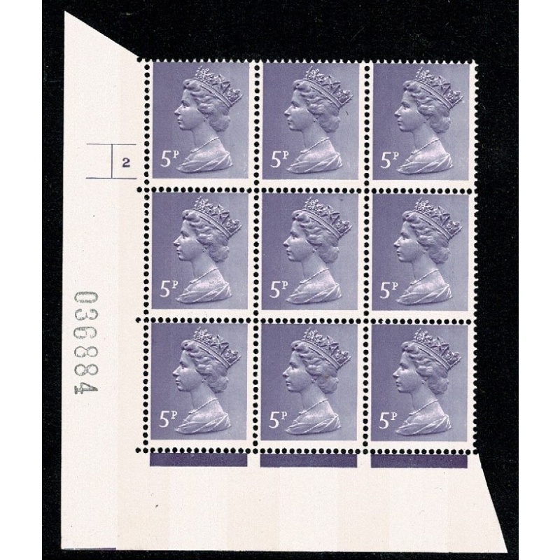 5p lilac OCP/PVA 2B. Cyl. 2 no dot p4 block of nine.