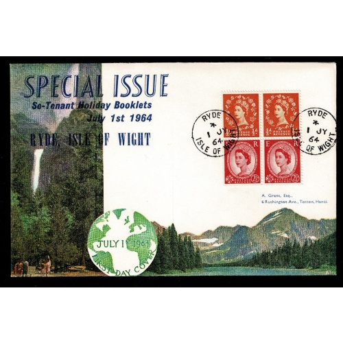 1964 1st July se-tenant pane ex 2/- Holiday Booklet. "Isle of Wight" FDI cancel