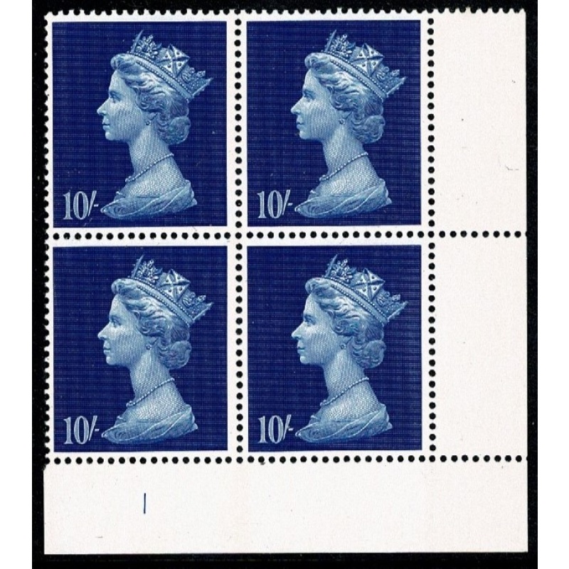 1969 10/- Machin Plate 1 block of four.