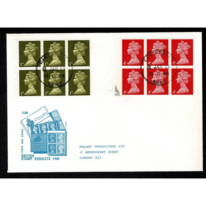 1969 QEII 4/6d Booklet An example of each pane type contained on Philart FDC. Canterbury Kent cds