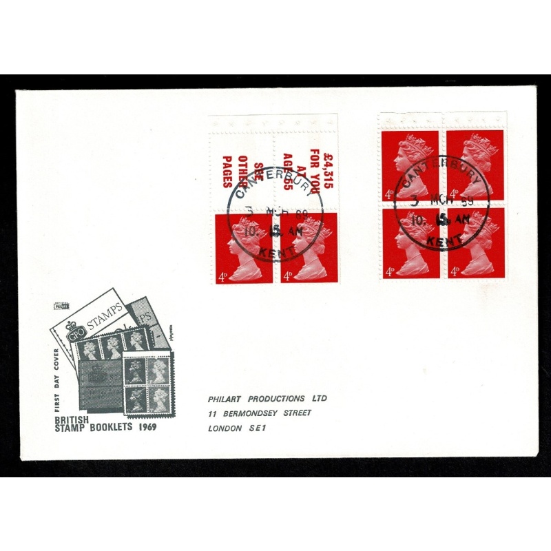 1969 2/- (colour change to vermilion) Booket. Both Panes on Philart FDC. Canterbury cds