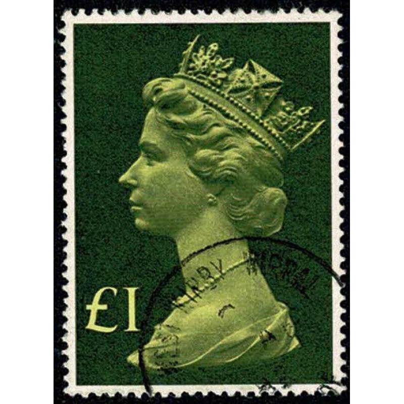 1977 £1 yellow green & blackish olive. SG 1026. Listed variety "dark spot in hair". SG Spec. UF1e
