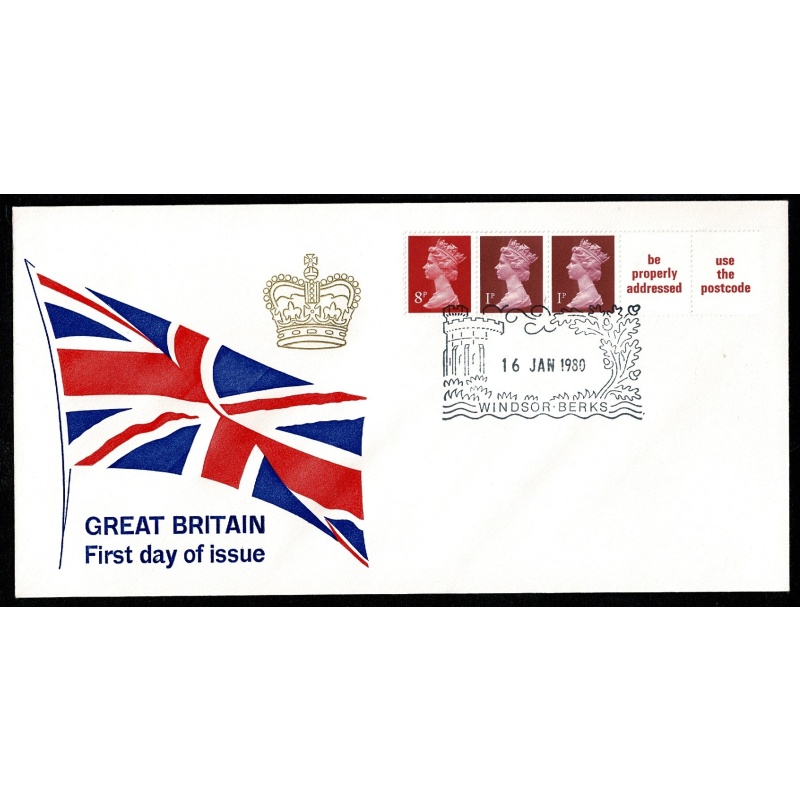 1980 16th January 10p multi-value coil strip. "Windsor, Berks" Handstamp