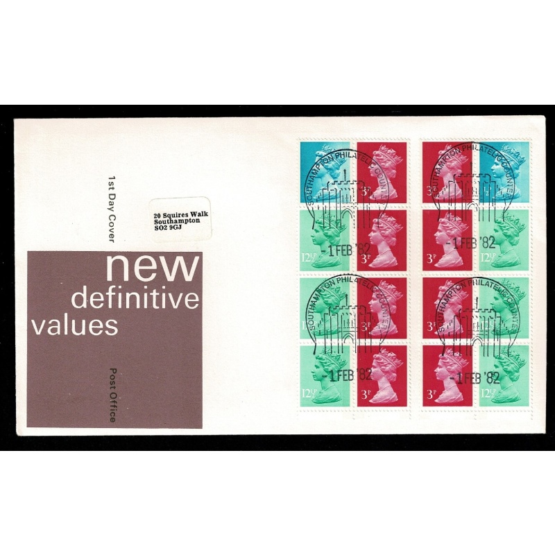 1982 50p booklet 1st February. Mirror pane FDC "Southampton Philatelic Counter" Handstamp.