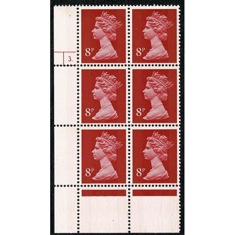 8p red  FCP/PVAD 2B. Cyl 3 dot p17 Perf R. Cyl. block of six.