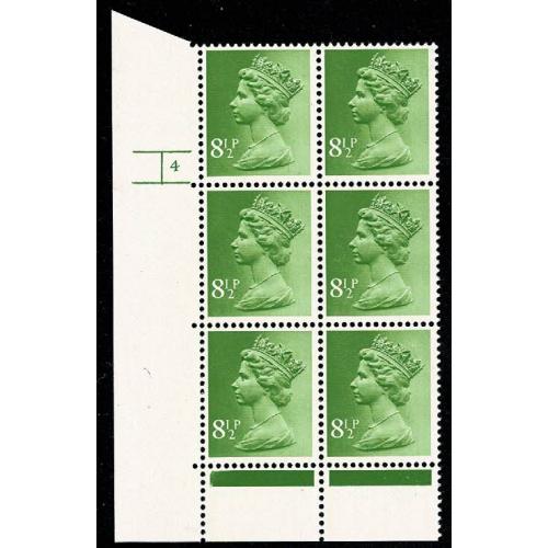 8½p yellow green FCP/PVAD Cyl. 4 no dot block of six  Perf R.  MISSING PHOSPHOR