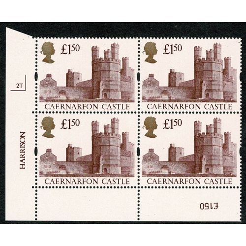 1992 Castle £1.50. Plate 2T block of four. Creamy gum/paper