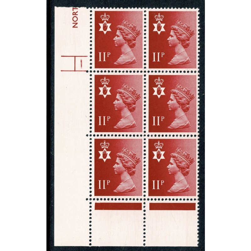 N. Ireland 11p scarlet FCP/PVAD. MISSING PHOSPHOR & LEFT BAND OMITTED Cylinder block of six. SG NI30 var.