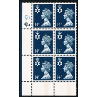 N. Ireland 14p deep blue  FCP/PVA CBar. plate Q4 Q4 block of six.