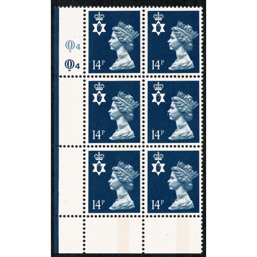 N. Ireland 14p deep blue  FCP/PVA CBar. plate Q4 Q4 block of six.