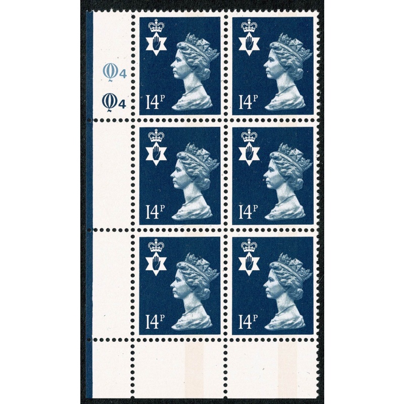 N. Ireland 14p deep blue  FCP/PVA CBar. plate Q4 Q4 block of six.