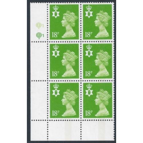 18p bright green FCP/PVA CBar. Plate Q1Q1. Plate block of six.