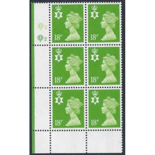 18p bright green FCP/PVA CBar. Plate Q2Q2. Plate block of six.