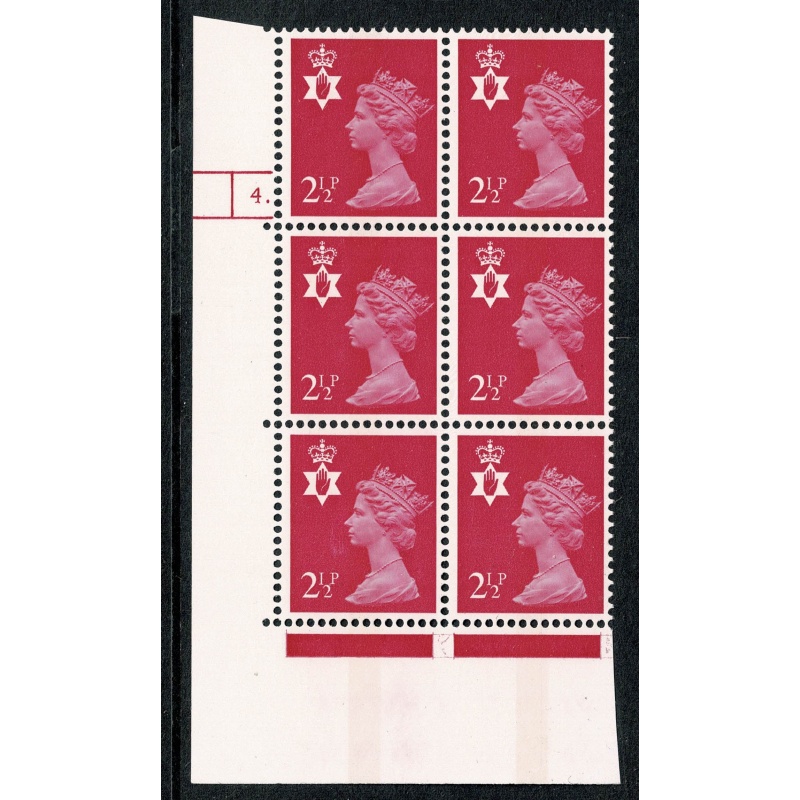 N. Ireland 2½p magenta FCP/PVA CB. Cyl. 4 dot p9 -21 block of six.
