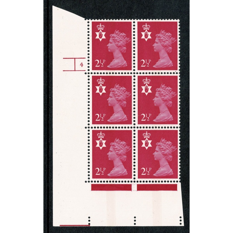 N. Ireland 2½p magenta FCP/PVA CB. Cyl. 4 no dot p9 synchronised block of six.