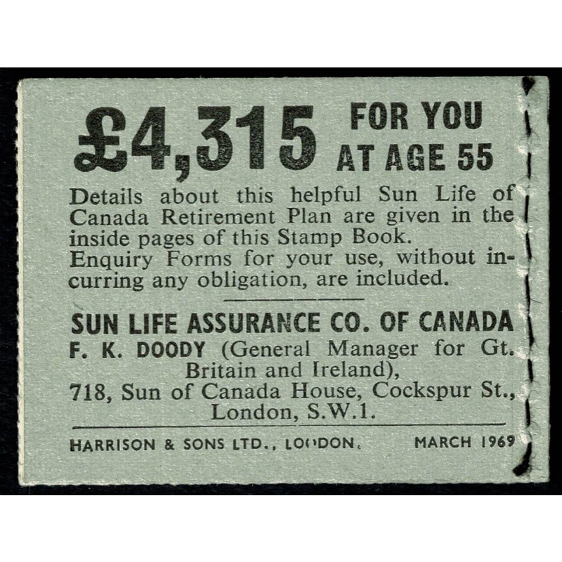 2/- March 1969.  IMPRINT ERROR  "LOODON for LONDON" on back cover. Average Perf booklet. SG NP34b