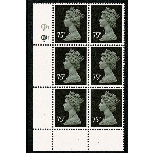 75p Brownish grey & black. FCP/PVA 15 x 14. lower left Q1Q1 cyl. block of six.