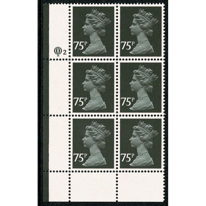 75p black FCP/PVA. Low OBA Plate Q2 block of six