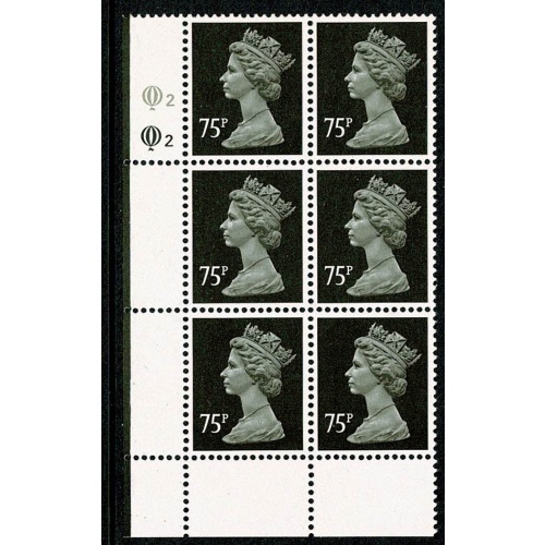75p Brownish grey & black. FCP/PVA 15 x 14. lower left Q2Q2 cyl. block of six.