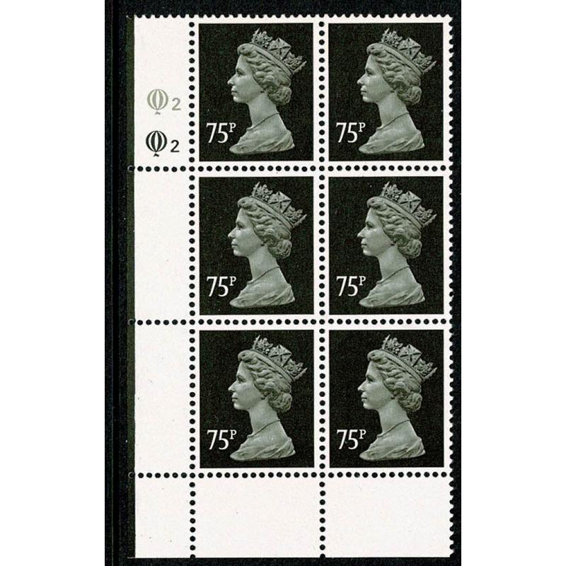 75p black FCP/PVA. redrawn value   Plate Q2Q2  block of six