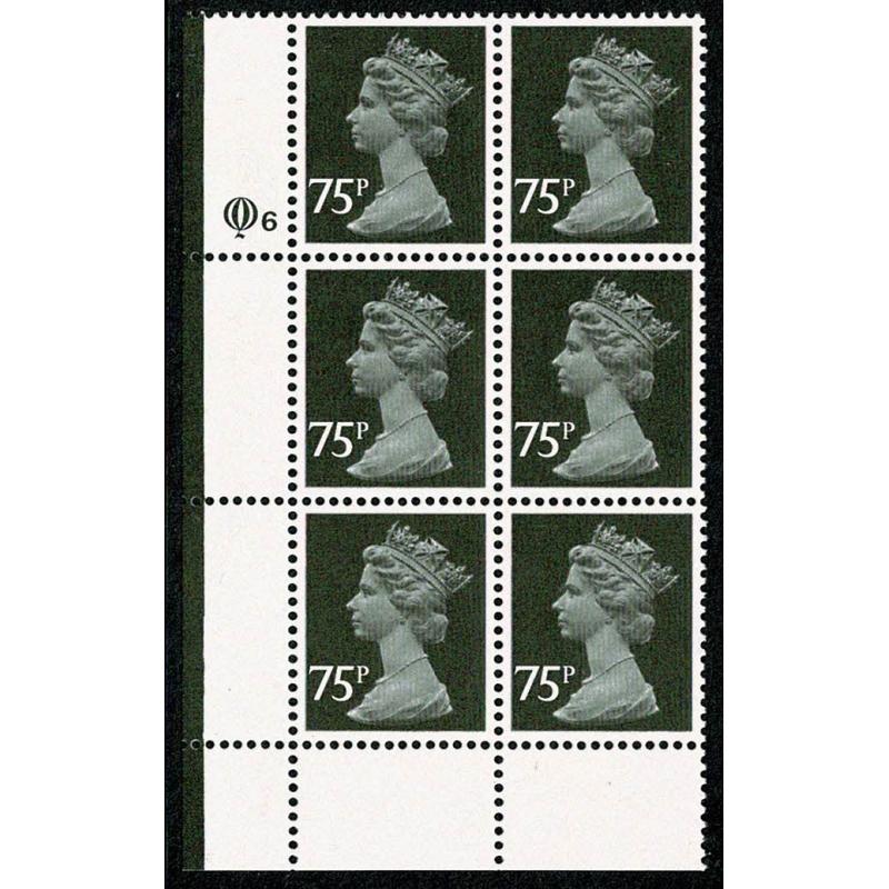 75p black FCP/PVA. Plate Q6 block of six