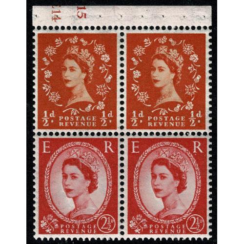 SB13a. Pane of 2 x ½d/2½d. Watermark Crowns to right. Cylinder E14 J15 no dot. Perf I.