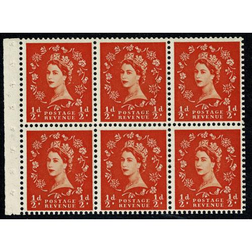 SB1 Pane of  6 x ½d. Watermark Tudor Crown Upright. Perf Ir.