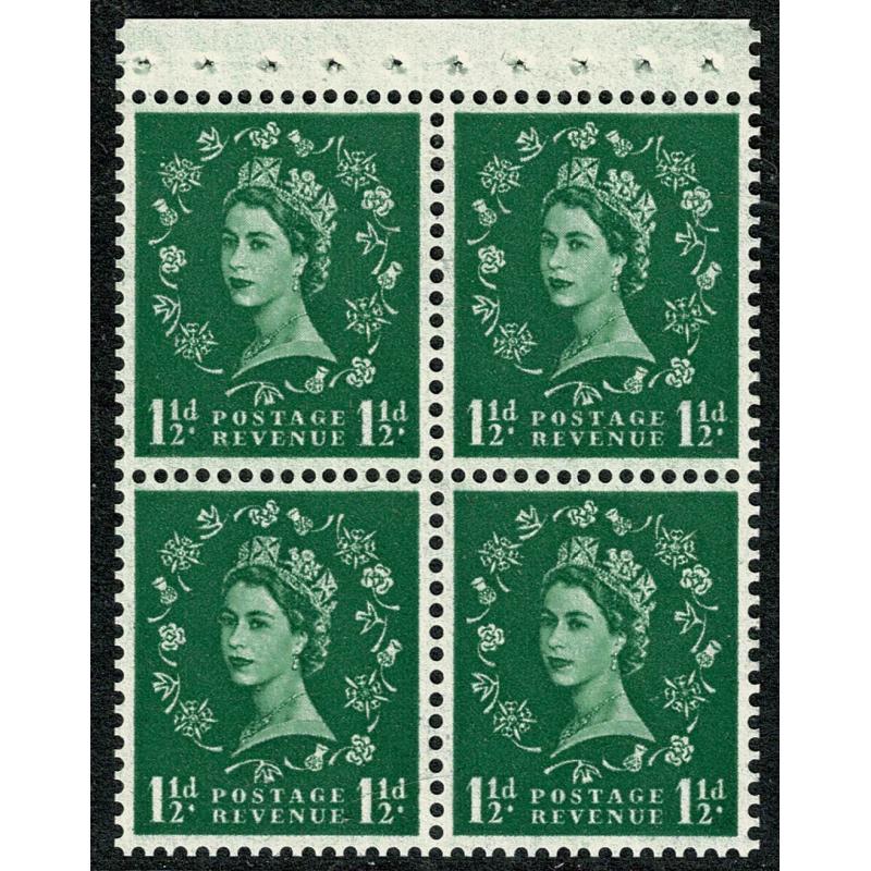 SB67b. 1½d green Multiple Crowns Wmk Upright. Perf AP. With listed variety rose petal flaw.