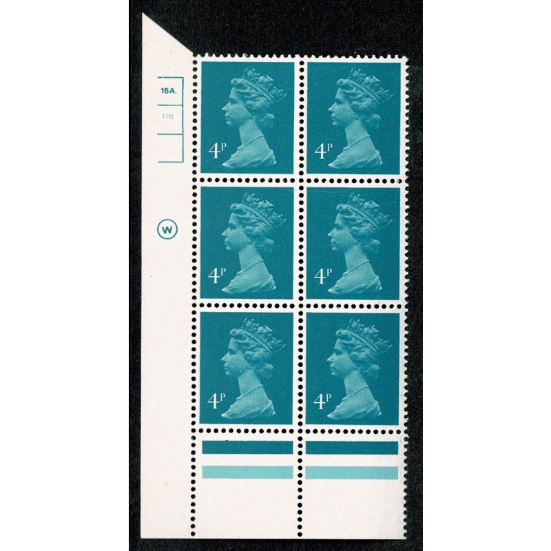 4p Peacock blue. PCP/PVAD. lower left 15A 11B dot  cyl. block of six.