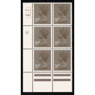 20p Deep sepia & purple. PCP/PVAD. lower left 21A 13B no dot  cyl. block of six.