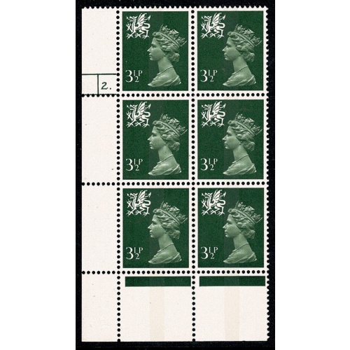 3½p olive-green FCP/PVAD CB. Cyl. 2 p20 dot block of six.