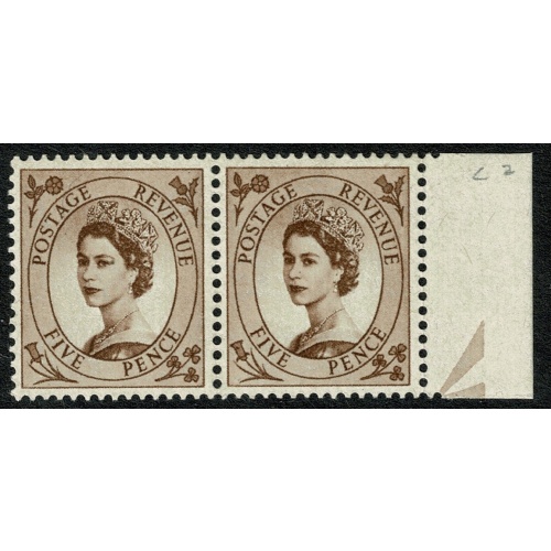 1958 5d brown Watermark Multiple Crowns. Listed variety "spot on daffodil" SG 578b.  Spec. S101b