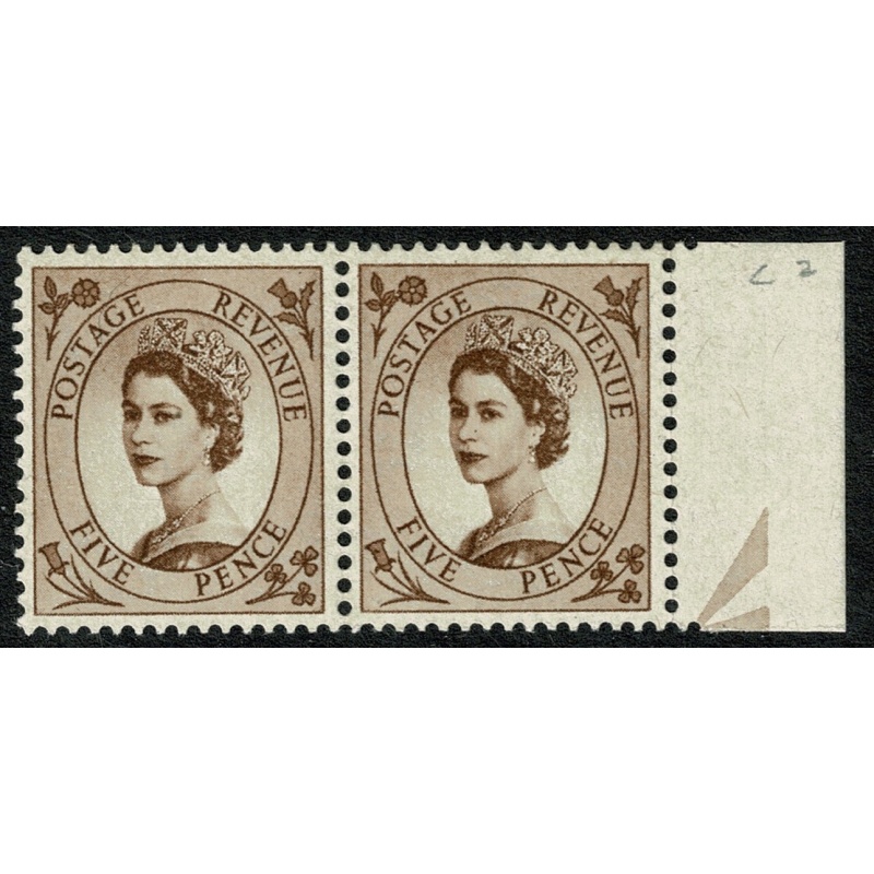 1958 5d brown Watermark Multiple Crowns. Listed variety "spot on daffodil" SG 578b.  Spec. S101b