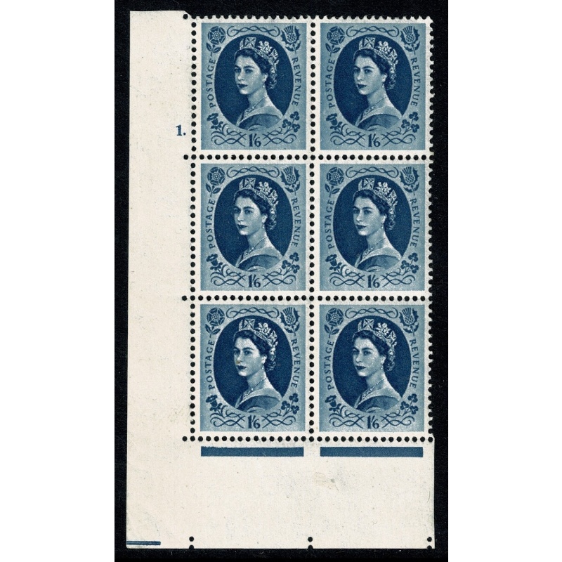 1958 1/6 grey-blue Watermark Multiple Crowns (whiter paper). Cyl. 1 dot block of 6. Listed variety "white flaw in Queen's hair". SG Spec. S153a