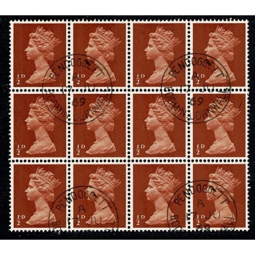 ½d orange brown. 2B Head A. Fine used block of 12. SG 723