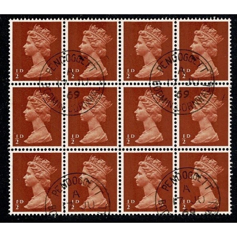 ½d orange brown. 2B Head A. Fine used block of 12. SG 723