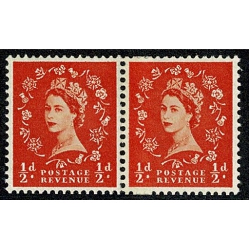 1958 ½d orange. Watermark Multiple Crowns. Cream paper Coil join horizontal pair. SG Spec. S4f