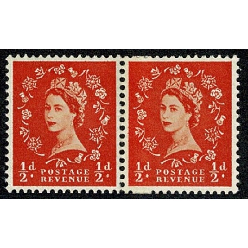 1958 ½d orange. Watermark Multiple Crowns. Cream paper Coil join horizontal pair. SG Spec. S4f