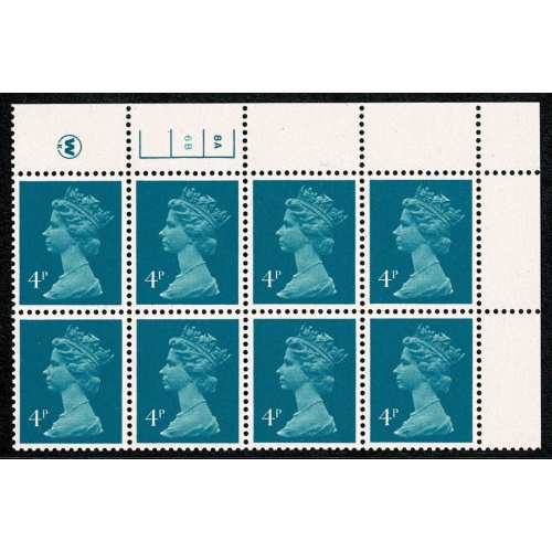 4p Peacock blue. PCP/PVAD 13½ x 14. upper right 8A 6B no dot block of eight.