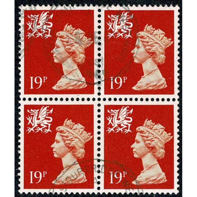 Wales. 19p orange red. ACP. Fine used block of four.