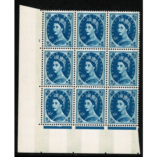 10d Prussian blue 2B Wmk Multiple Crowns . Cylinder 1 no dot block of nine Perf Type A (E/I) . SG 617d