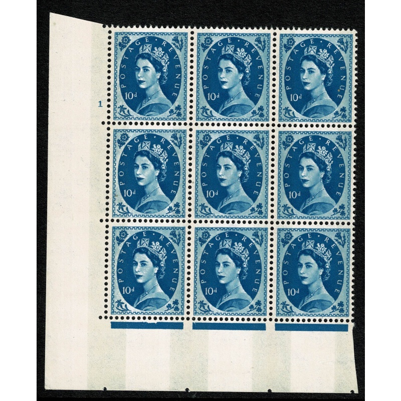 10d Prussian blue 2B Wmk Multiple Crowns . Cylinder 1 no dot block of nine Perf Type A (E/I) . SG 617d