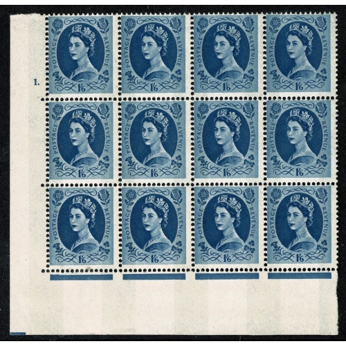 1/6 grey-blue 2B Wmk Multiple Crowns . Cylinder 2 dot block of twelve with listed variety. SG 618a