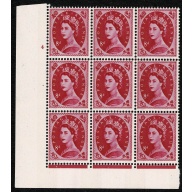 8d magenta 2B Wmk Multiple Crowns. Cylinder 4 no dot block of nine Perf Type F(L) (I/E) with listed variety. SG 617b