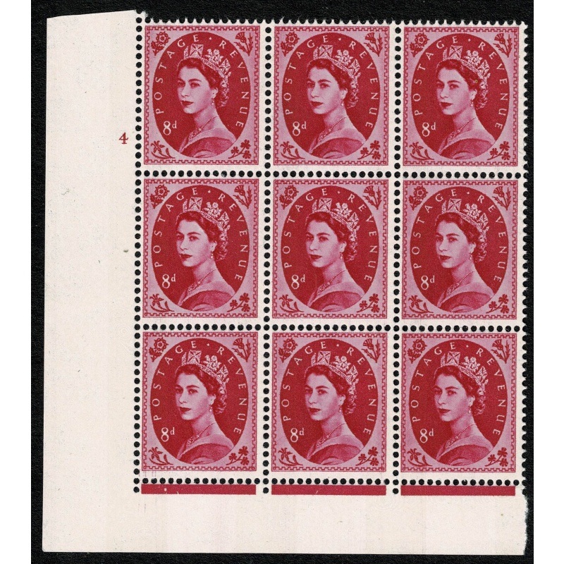 8d magenta 2B Wmk Multiple Crowns. Cylinder 4 no dot block of nine Perf Type F(L) (I/E) with listed variety. SG 617b